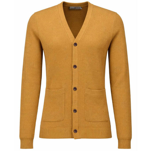 Brunswick Men's 1960s Mod V-Neck Waffle Knit Cardigan in Dijon Front View