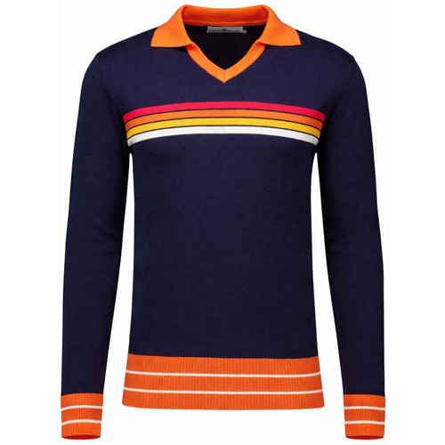 All-Nighter Long Sleeve Northern Soul Striped Skipper Neck Polo Shirt in Navy Blazer - Front View
