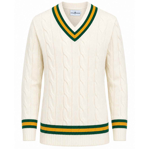 Arthur Men's Retro Tipped V-neck Cable Knit Cricket Jumper in Snow White