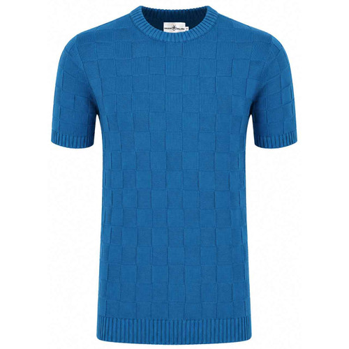 Hemingway Tonal Checkerboard 7 Gauge Knitted Retro 50s T-shirt in Moroccan Blue