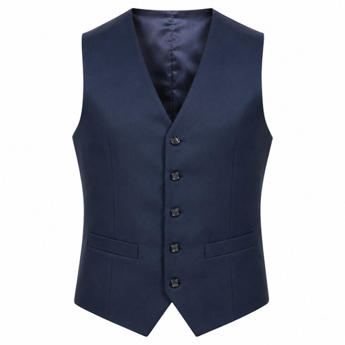 Madcap England Men's Mod Tailored Slim Fit Waistcoat in Navy showing 5 button fasten and pocket detail