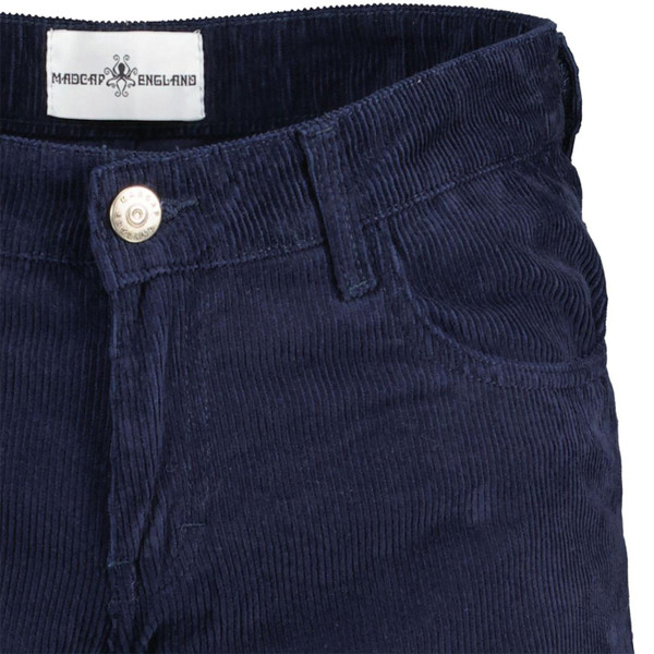Waist detail on Madcap England Killer Retro 1970s Cord Flares in Navy