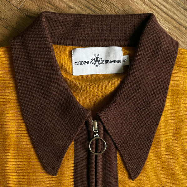 Madcap England Men's Knitted Big Collar Ring Pull Cardigan in Buckthorne