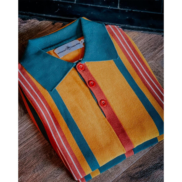 Madcap England Farlowe Retro 60s Mod Knitted Stripe Polo Shirt in Golden Orange	