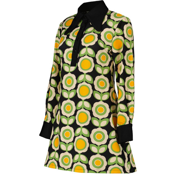 Madcap England Retro 60s Mod Daydream Dagger Collar Dress in Green Daisy print