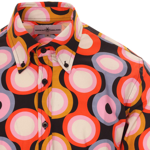 Madcap England Trip Psych-Out! 1960s Mod Op Art Circle Print Button Down Shirt in Black