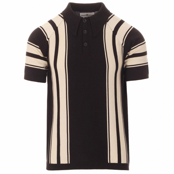 Madcap England Acid Test 60s Mod Big Collar Stripe Knit Polo Shirt in Black