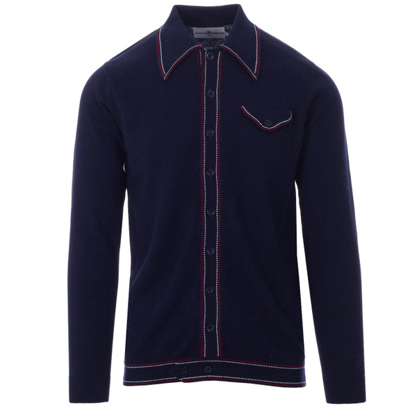 Madcap England Crawdaddy Retro Mod Long Sleeve Dash Tipped Polo Cardigan in Navy