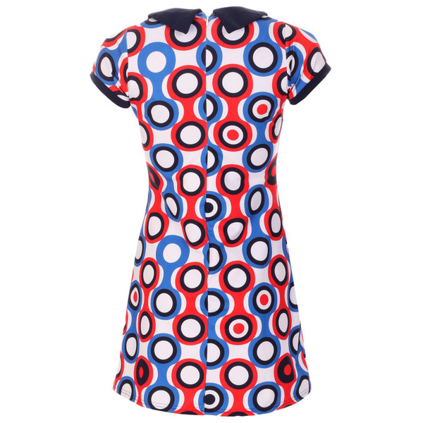 Madcap England Dollierocker Psych-Out! Circles 1960s Mod Peter Pan Collar Dress in Blue/Red