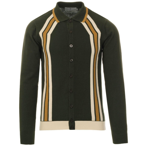 Madcap England Blast men's 60s mod contoured stripe knitted polo cardigan in rosin