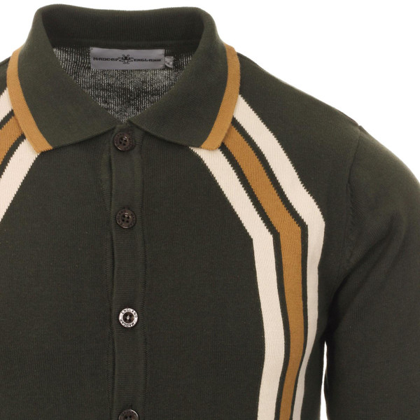 Madcap England Blast men's Retro 1960s mod contoured stripe knitted polo cardigan in rosin
