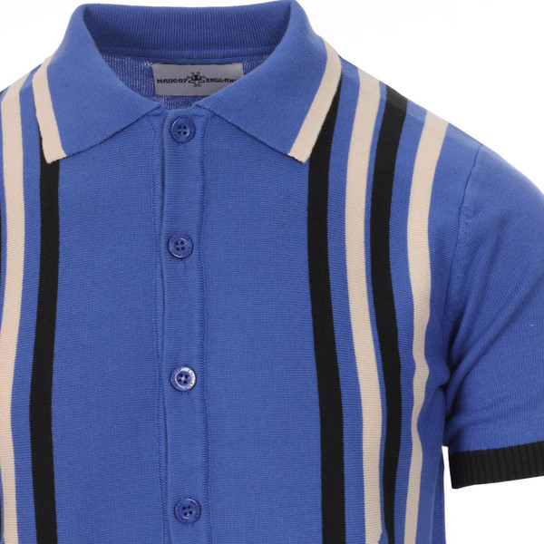 Madcap England Shockwave Retro 1960s Mod Abstract Stripe Knit Polo Top in Amparo Blue