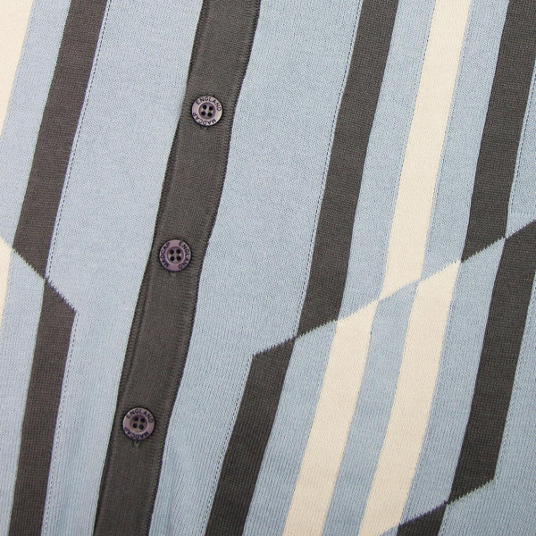 Madcap England Kazimir Mod Abstract Stripe Knitted Button Through Polo Shirt in Blue Fog 