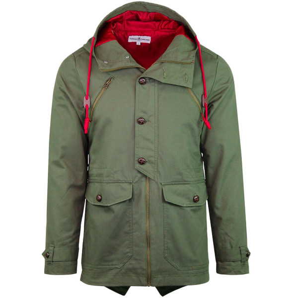 Madcap England Men's Retro Mod Hooded Fishtail Parka Jacket in Olive