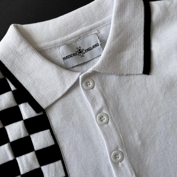 Madcap England Maytal Ska Mod 2-Tone Checkerboard Knitted Polo in white and black