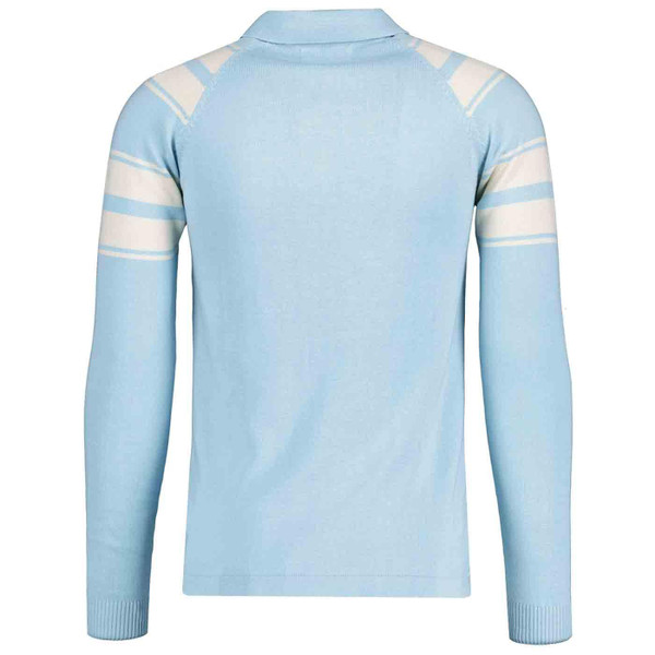 Madcap England Acid Test Retro 1960s Mod Spear Collar Knitted Stripe Panel Polo Shirt in Winter Sky
