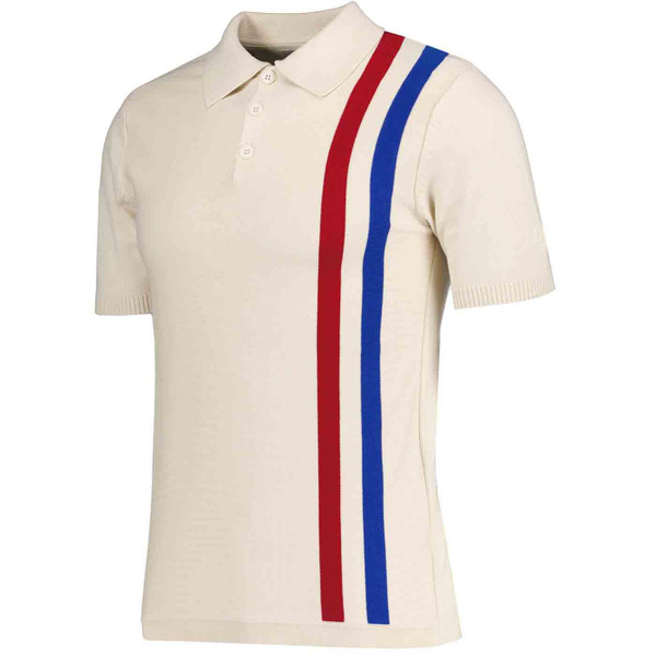 Madcap England 1960s Mod Racing Stripe Short Sleeve Knitted Polo Shirt in Birch