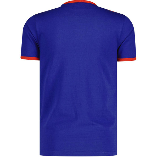 Back of Madcap England Cassette Men's Retro Chest Stripe Taped Sleeve T-shirt in Sodalite Blue