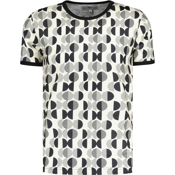 madcap england mens geo pattern printed ringer neck tshirt white black