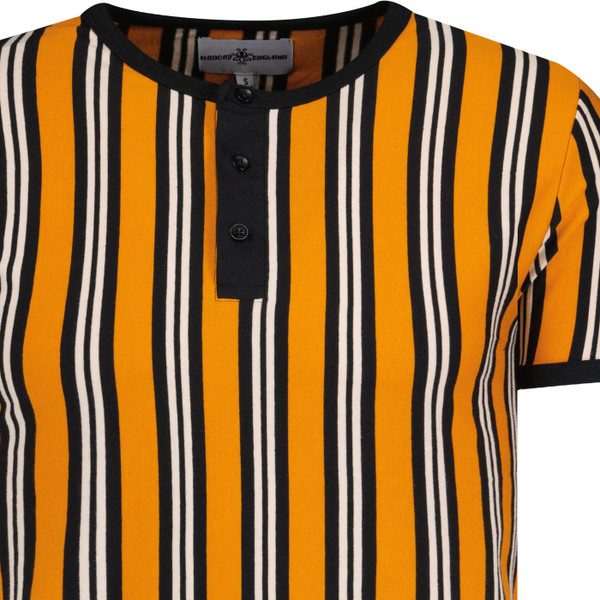Henley neck collar on Madcap England Squire Jersey Striped T-Shirt  in Dark Cheddar Yellow