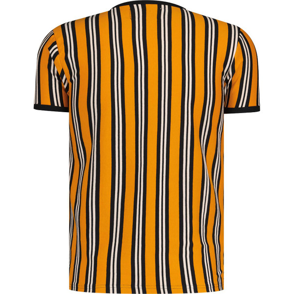 Back of Madcap England Squire Jersey Striped T-Shirt with Henley Neck Grandad Collar in Dark Cheddar Yellow