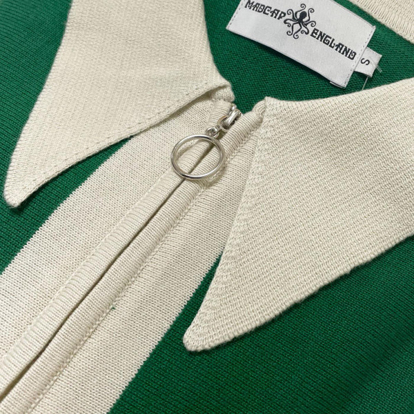 Madcap England Riva Mod Spear Collar Knitted Ring Zip Polo Cardigan in Green Jacket