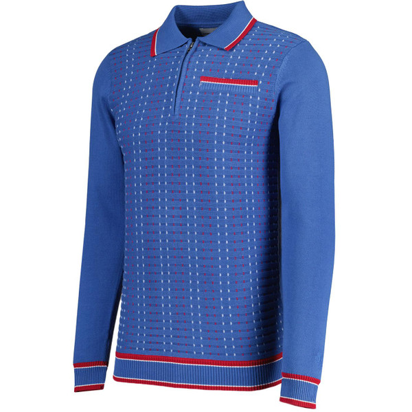 Madcap England Coltrane 1960s Mod Jacquard Knit Zip Neck Polo Shirt in Federal Blue  