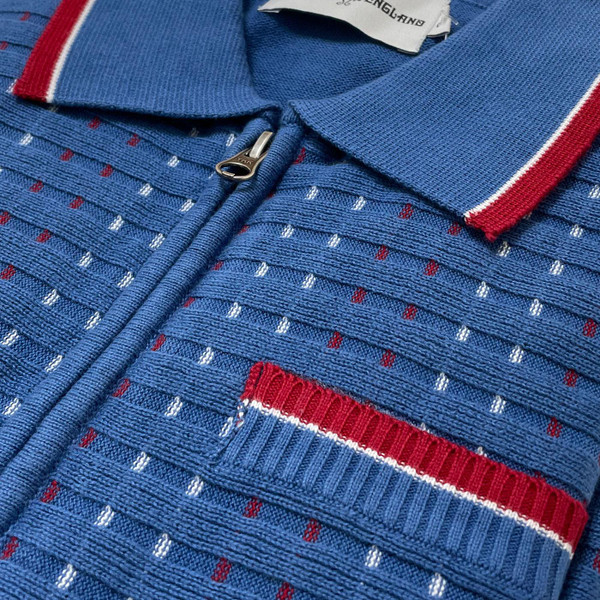 Madcap England Coltrane Retro 1960s Jacquard Knit Zip Neck Polo Shirt in Federal Blue