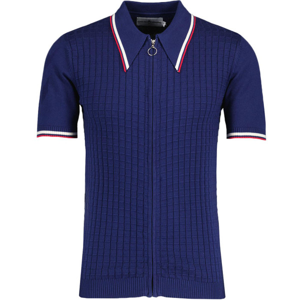 Cannon Mod Ring Zip Spear Collar Grid Check Polo Shirt in Navy by Madcap England MC1070