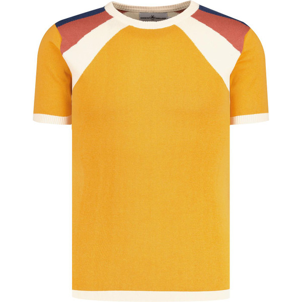 madcap england mens starburst retro 70s shoulder detail knitted tshirt butterscotch yellow