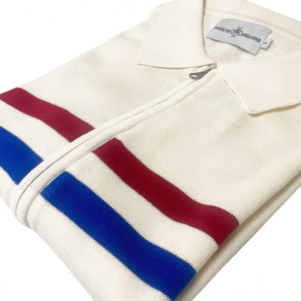 Mavers Madcap England Retro 1970s Chest Stripe Knitted Track Top in Snow White