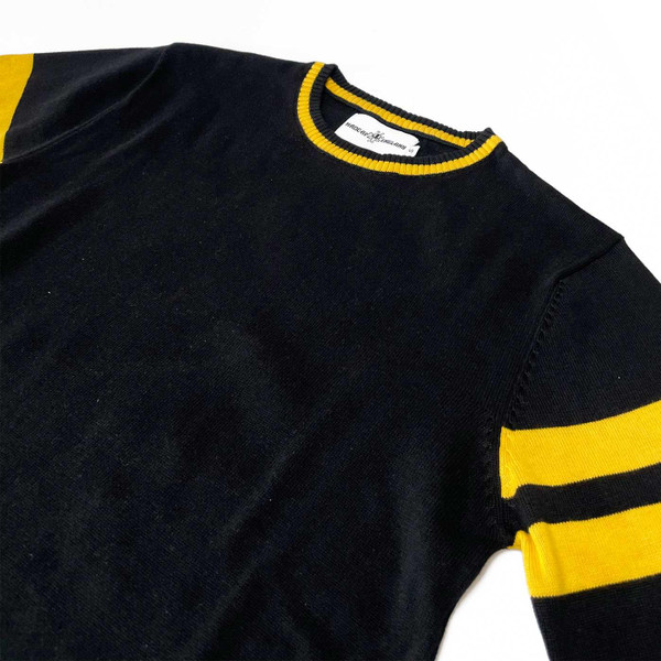 Madcap England Columbia Ivy League Retro 1970s Knitted Stripe Sleeve Jumper in Black and Yellow MC1093