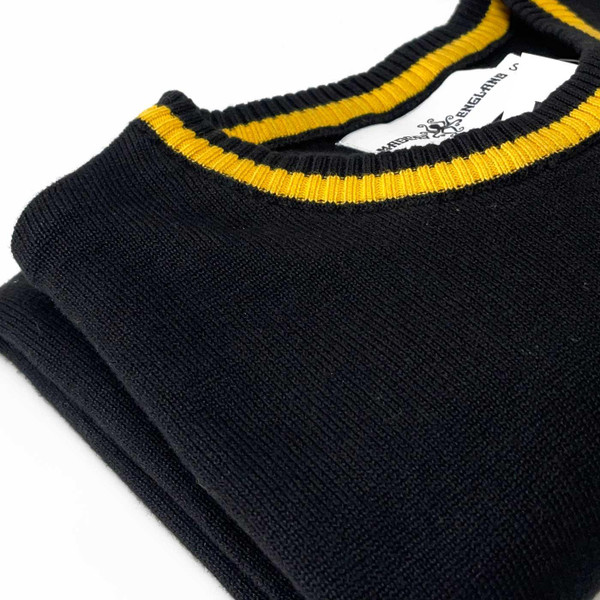 Madcap England Columbia Ivy League Mod Knitted Stripe Sleeve Jumper in Black and Yellow MC1093