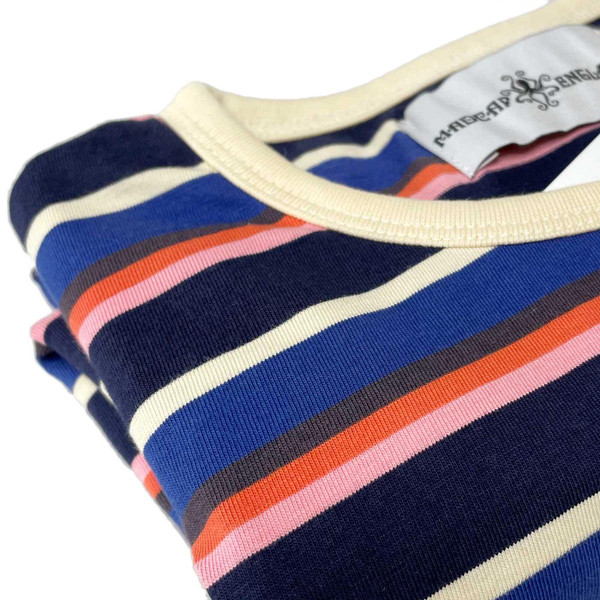 Madcap England Dekker 70s Mod Multi Stripe T-shirt in Maritime Blue