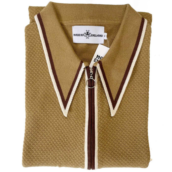 Madcap England Mack Dagger Collar Popcorn Knit Tipped Zip Through Polo Shirt in Fall leaf MC1094