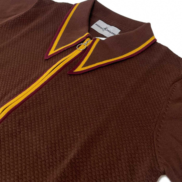 Madcap England Mack Zip Through Textured Knit Tipped Polo Shirt in Brown