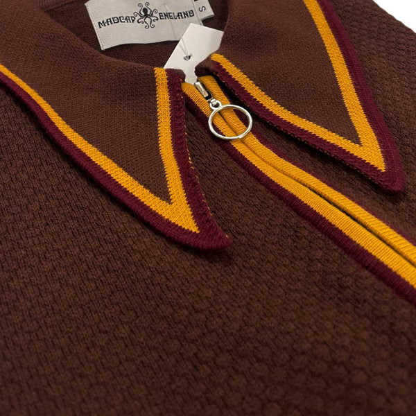 Madcap England Mack 60s Zip Through Textured Knit Tipped Polo Shirt in Brown