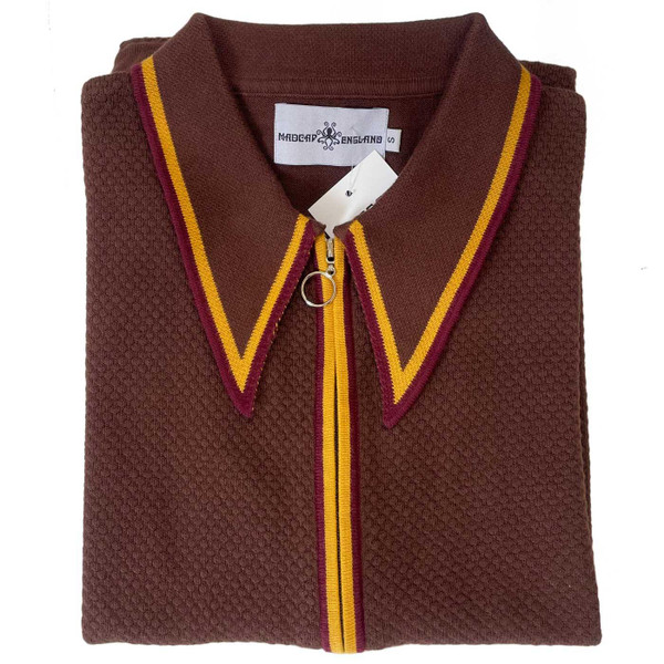 Madcap England Mack Zip Through Textured Knit Tipped Polo Shirt in Brown MC1094