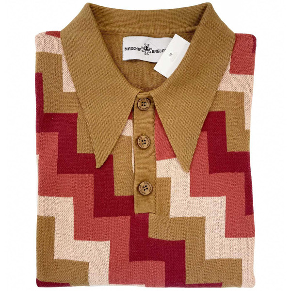 Madcap England Step On Retro 1970s Step Jacquard Knitted Polo Shirt in Fall Leaf MC1098