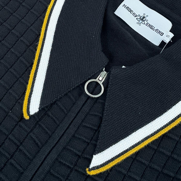 Madcap England Apollo Men's Mod Grid Knit Big Collar Tipped Polo Cardigan in Black Close Up On Ring Zipper
