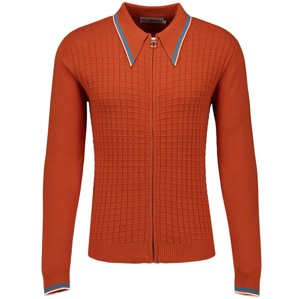 Apollo Madcap England Men's Mod Check Knit Polo Cardigan in Cinnamon Stick Apollo Madcap England Men's Mod Check Knit Polo Cardigan in Cinnamon Stick