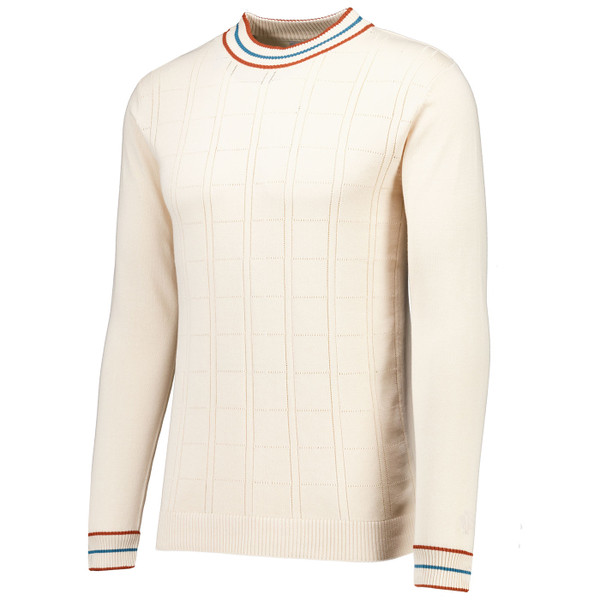 Side picture of the Moore Madcap England 60s Mod Pointelle Knit Mock Turtleneck Jumper in Birch Side picture of the Moore Madcap England 60s Mod Pointelle Knit Mock Turtleneck Jumper in Birch