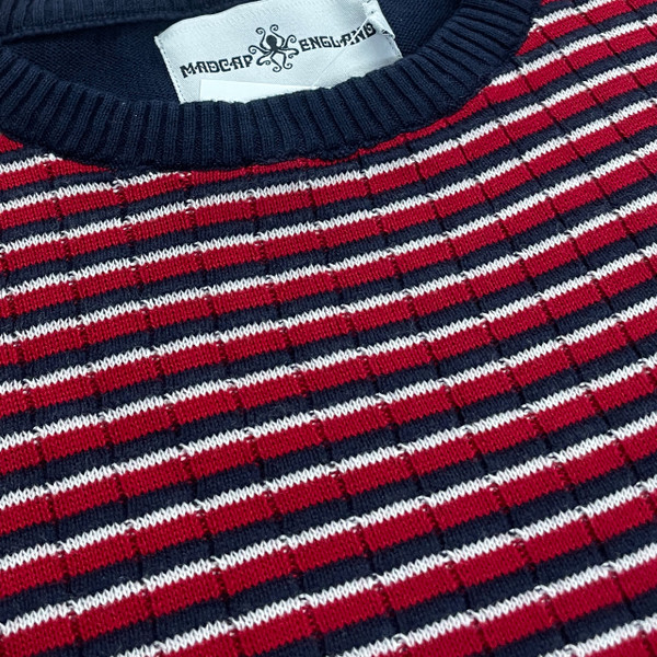 Madcap England Revolution Retro Mod Vertical Ribbed with Horizontal Stripe Knitted Jumper in Navy Blazer - Close Up