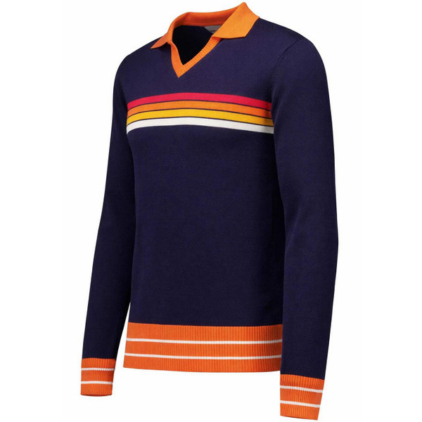 Madcap England All-Nighter Long Sleeve Northern Soul Striped Skipper Neck Polo Shirt in Navy Blazer - Side View