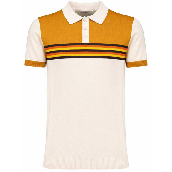 Madcap England Retro Rewind 1970s Northern Soul Chest Stripe Colour Block Knitted Men's Polo Shirt in Birch