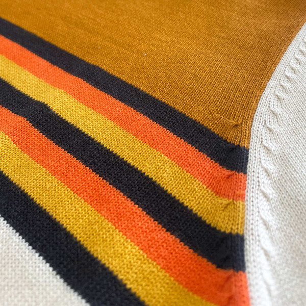 Madcap England Retro Rewind 1970s Northern Soul Chest Stripe Colour Block Knitted Men's Polo Shirt in Birch - Stripe Detail