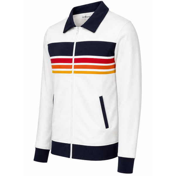 Side view of the Torino Men's Retro 70s Gradient Stripe Collared Track Top in Snow White