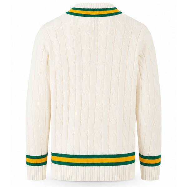 Back of the Arthur Men's Retro Tipped V-neck Cable Knit Cricket Jumper in Snow White