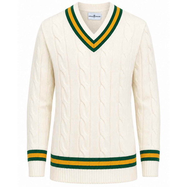 Arthur Men's Retro Tipped V-neck Cable Knit Cricket Jumper in Snow White