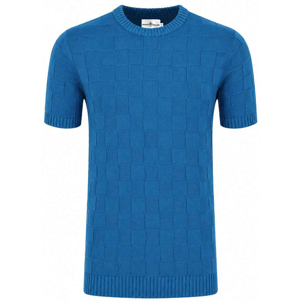 Hemingway Tonal Checkerboard 7 Gauge Knitted Retro 50s T-shirt in Moroccan Blue
